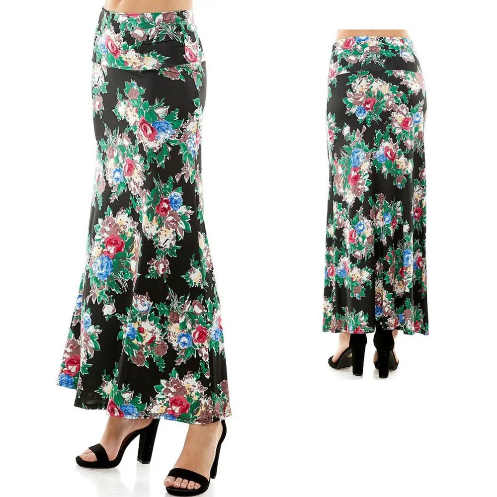 Azules Women's Floral Print Maxi Skirt, Made in USA, S,M,L,XL, Black/Floral